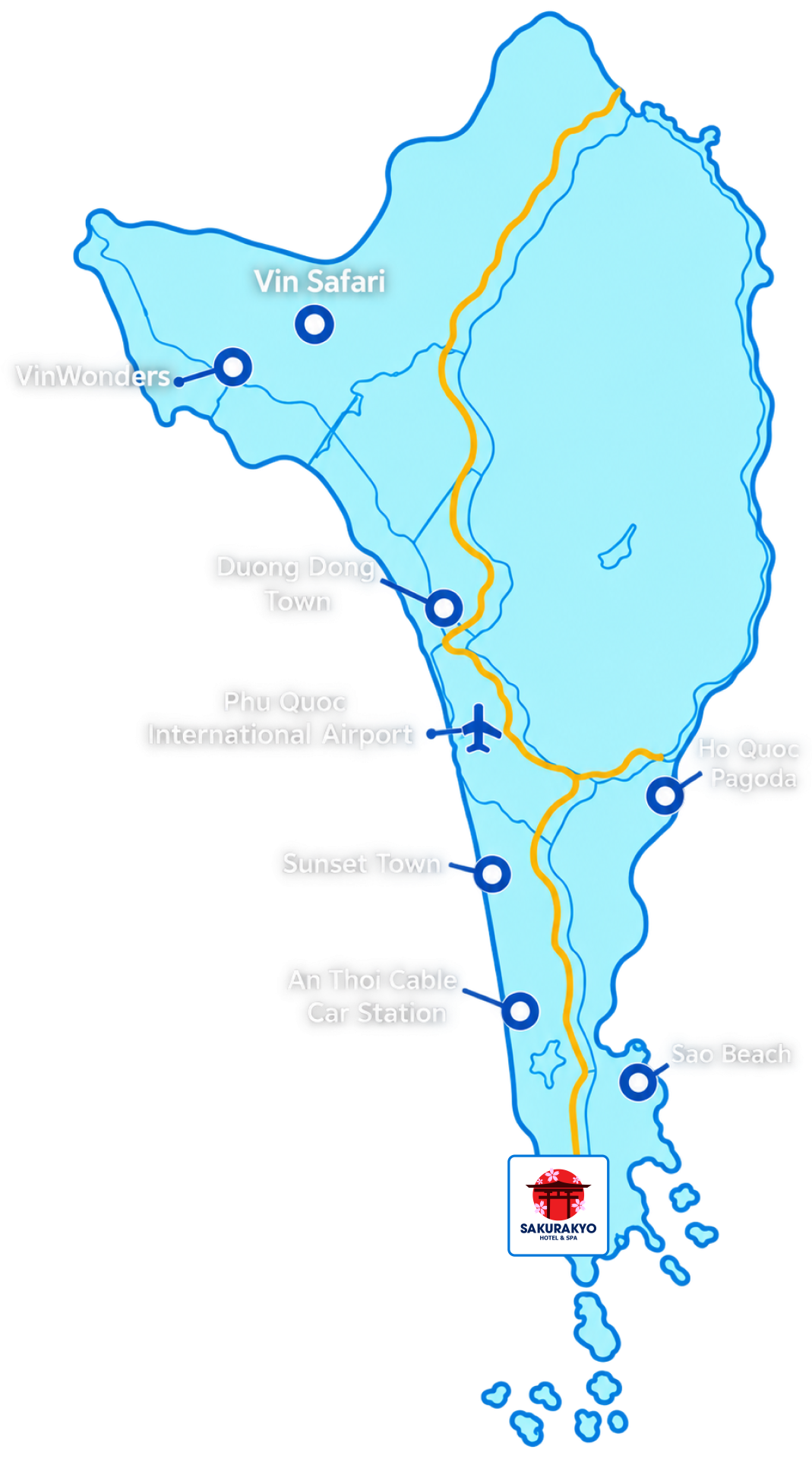 Location map of Sakurakyo Spa in Sunset Town, south of Phu Quoc island