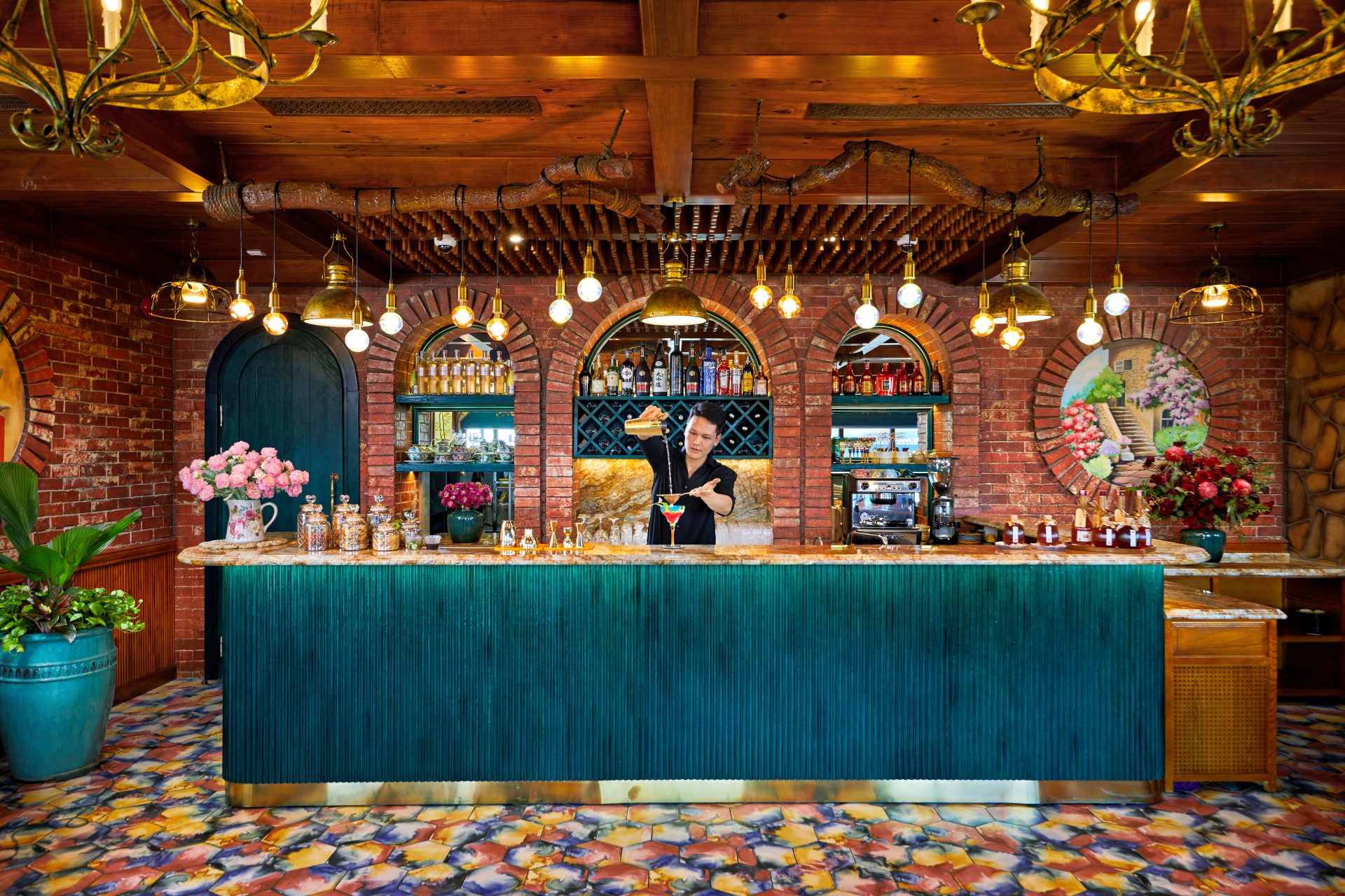 Dining room and bar of Venice Cafe & Eatery on the first floor of Venice Hotel, opposite the Kiss Bridge Phu Quoc