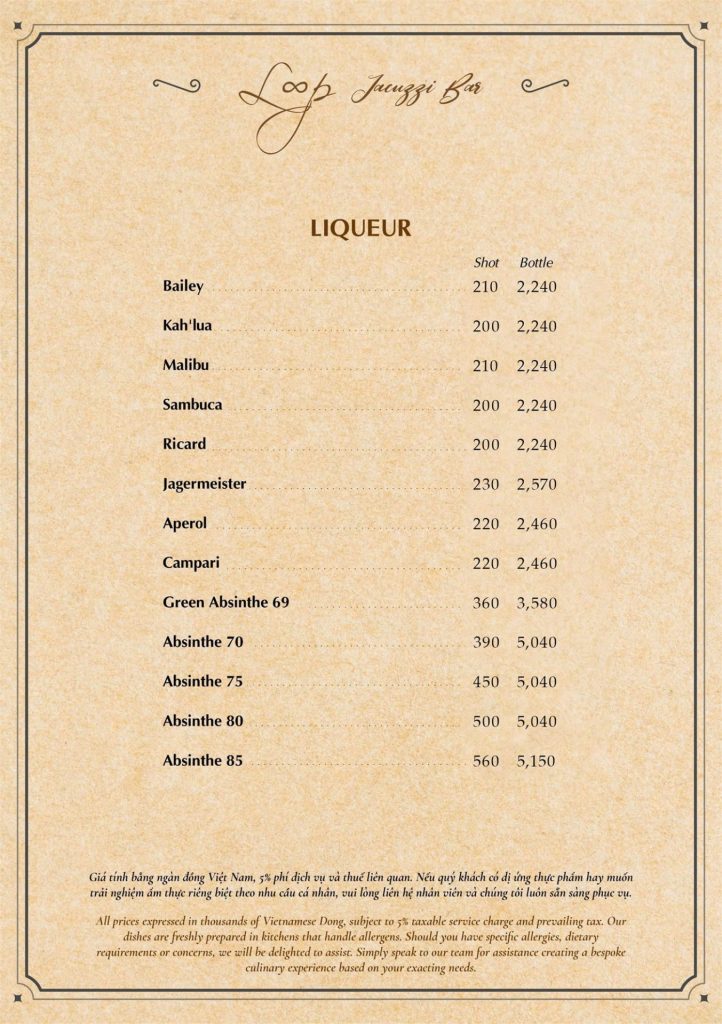 Menu Loop Jacuzzi Bar Phú Quốc 2026: liqueur Baileys, Kahlúa, Malibu, Aperol, Campari, Absinthe