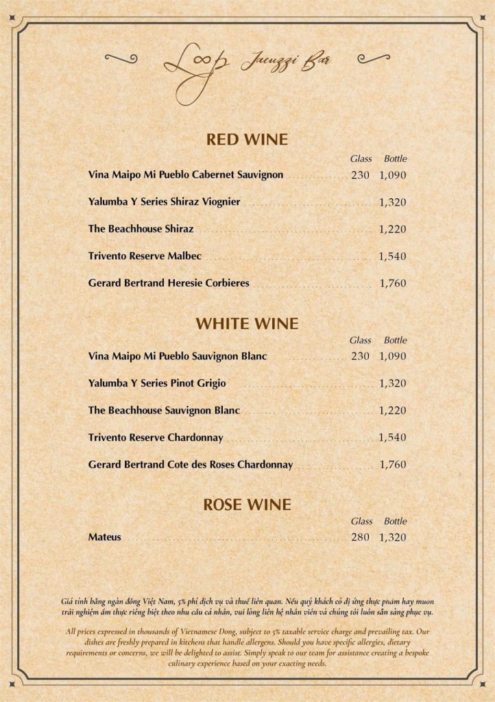 Menu Loop Jacuzzi Bar Phú Quốc 2026: rượu vang đỏ, vang trắng và vang hồng