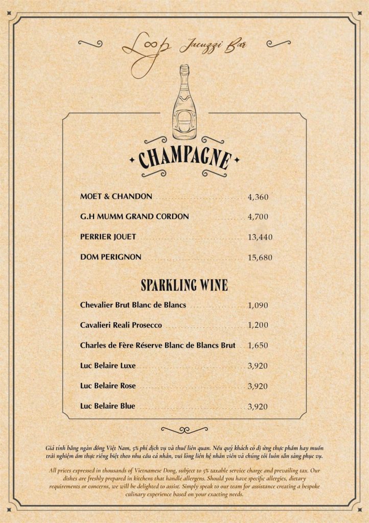 Menu Loop Jacuzzi Bar Phú Quốc 2026: champagne Moët & Chandon, G.H. Mumm, Perrier-Jouët, Dom Pérignon và vang sủi