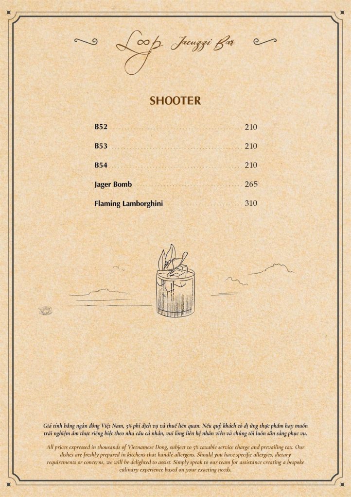 Menu Loop Jacuzzi Bar Phú Quốc 2026: shooter B52, Jäger Bomb, Flaming Lamborghini