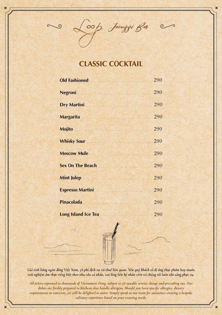 Menu Loop Jacuzzi Bar Phú Quốc 2026: cocktail cổ điển Old Fashioned, Negroni, Margarita, Mojito, Espresso Martini