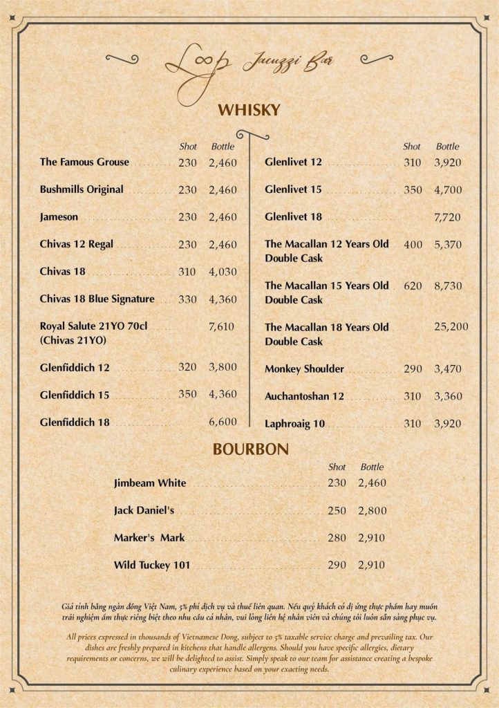 Menu Loop Jacuzzi Bar Phú Quốc 2026: whisky Chivas, Glenfiddich, Glenlivet, Macallan và bourbon