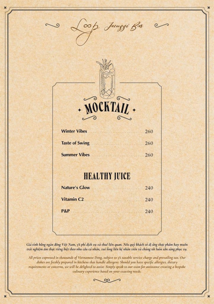 Menu Loop Jacuzzi Bar Phú Quốc 2026: mocktail và nước ép tốt cho sức khỏe