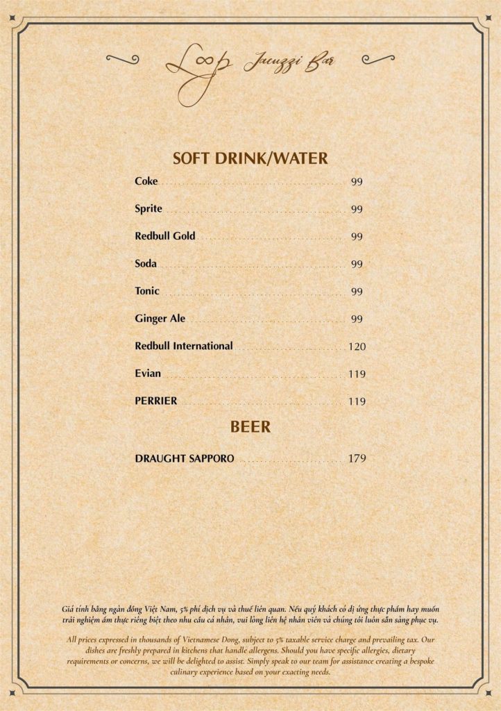 Menu Loop Jacuzzi Bar Phú Quốc 2026: nước ngọt, nước khoáng và bia Sapporo tươi
