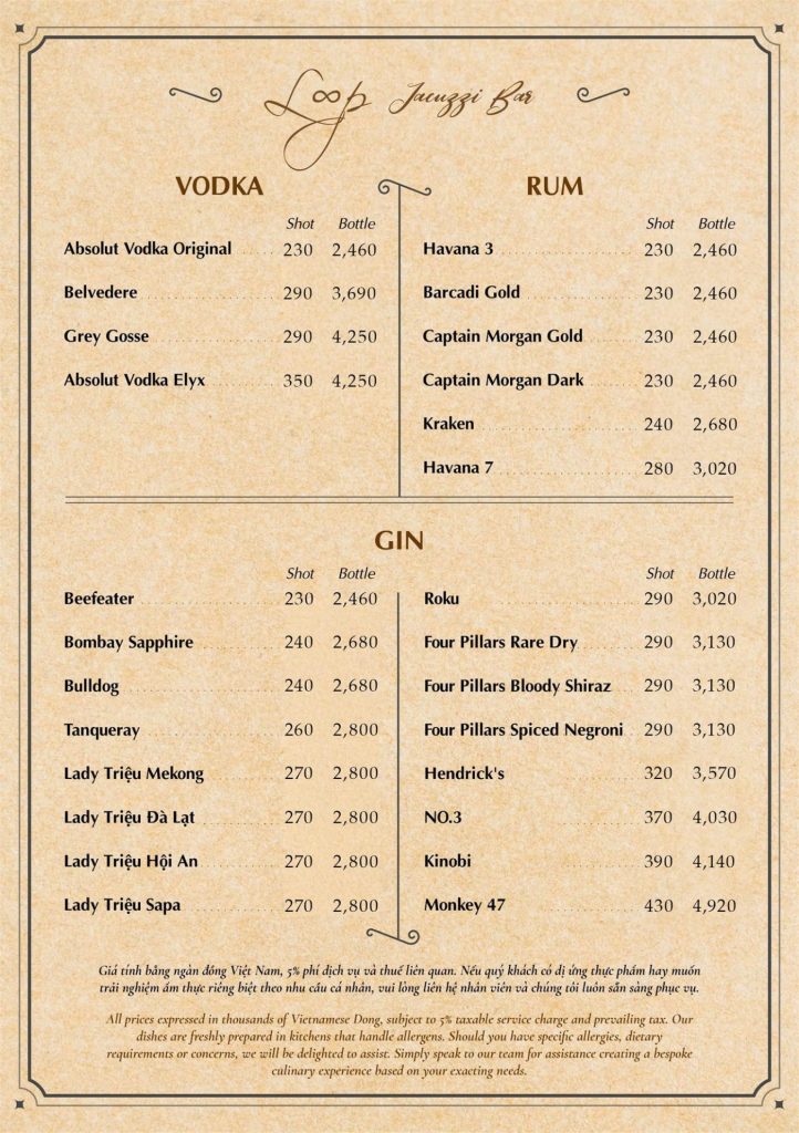 Menu Loop Jacuzzi Bar Phú Quốc 2026: vodka, rum và gin