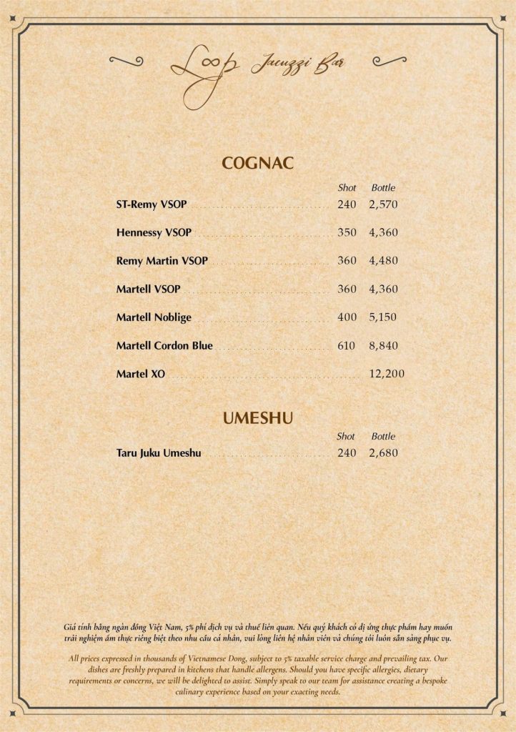Menu Loop Jacuzzi Bar Phú Quốc 2026: cognac Hennessy, Rémy Martin, Martell và umeshu