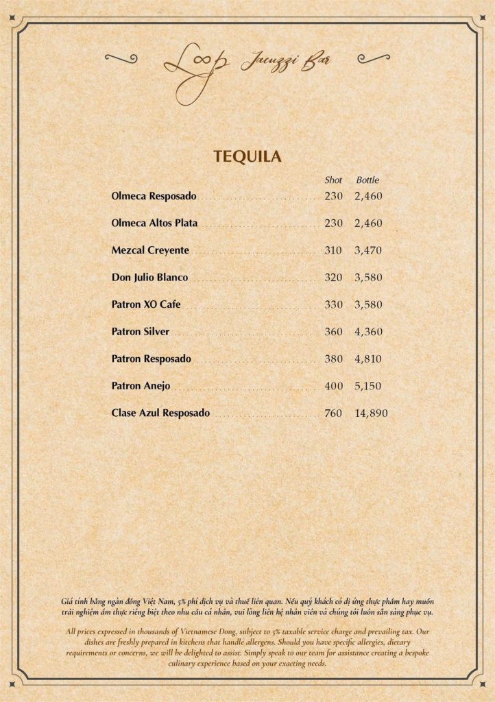 Menu Loop Jacuzzi Bar Phú Quốc 2026: tequila Don Julio, Patrón, Clase Azul và mezcal