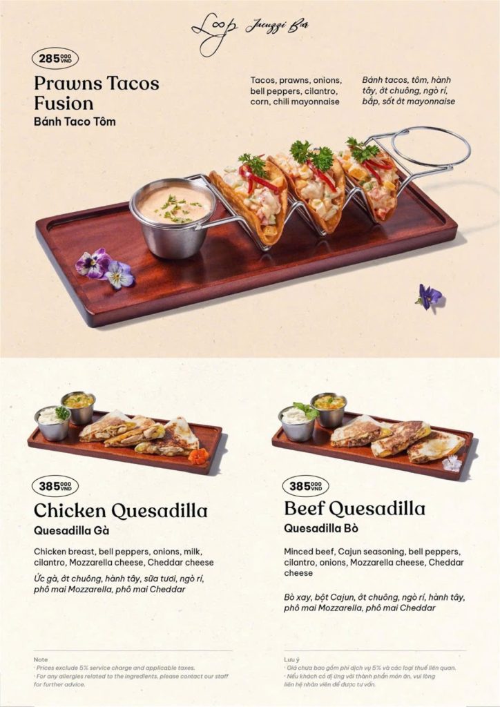 Menu Loop Jacuzzi Bar Phú Quốc 2026: bánh taco tôm, quesadilla gà và quesadilla bò