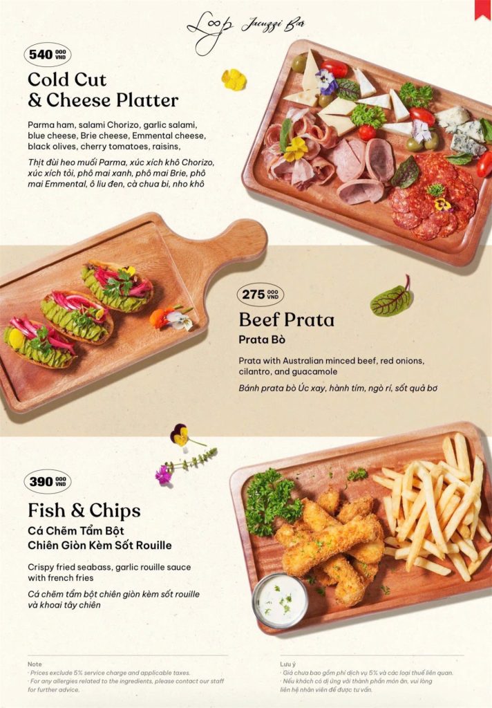 Menu Loop Jacuzzi Bar Phú Quốc 2026: đĩa thịt nguội phô mai, prata bò, fish and chips