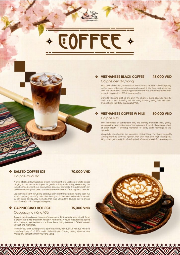 Menu Sa Pa Cafe Phú Quốc 2026: cà phê Việt Nam, cà phê muối, cappuccino
