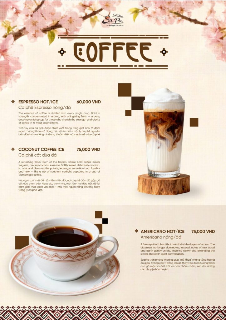 Menu Sa Pa Cafe Phú Quốc 2026: espresso, cà phê cốt dừa, americano