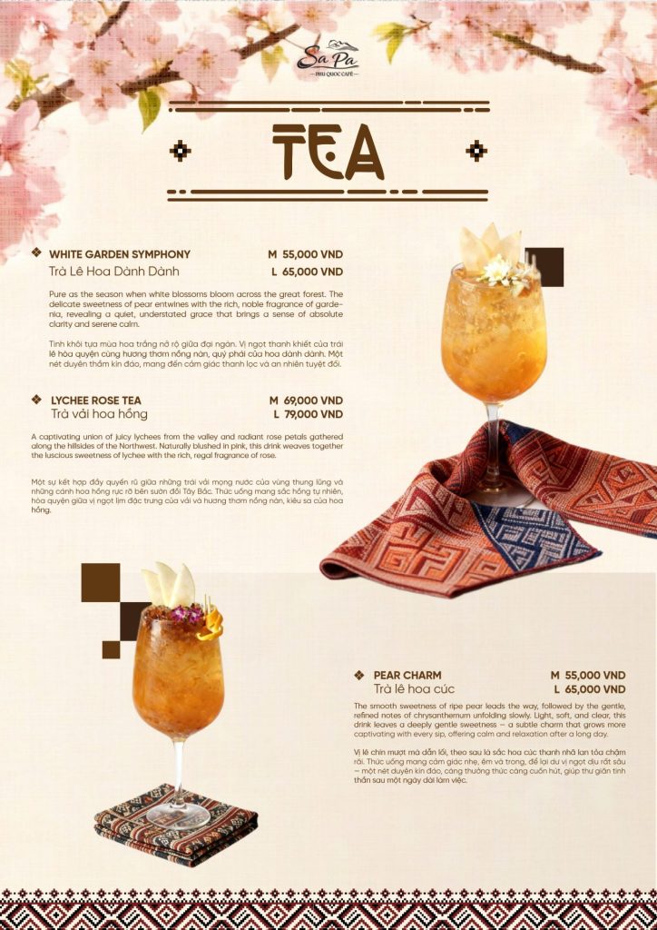 Menu Sa Pa Cafe Phú Quốc 2026: trà hoa: trà lê hoa dành dành, trà vải hoa hồng, trà lê hoa cúc