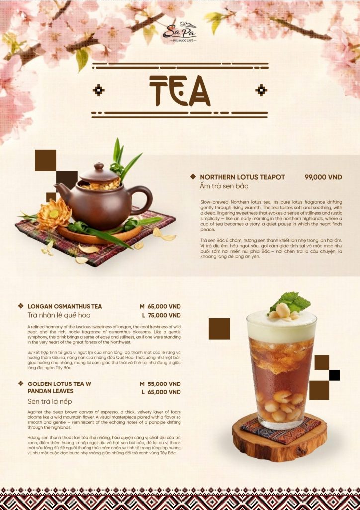 Menu Sa Pa Cafe Phú Quốc 2026: ấm trà sen Bắc, trà nhãn lê quế hoa, sen trà lá nếp