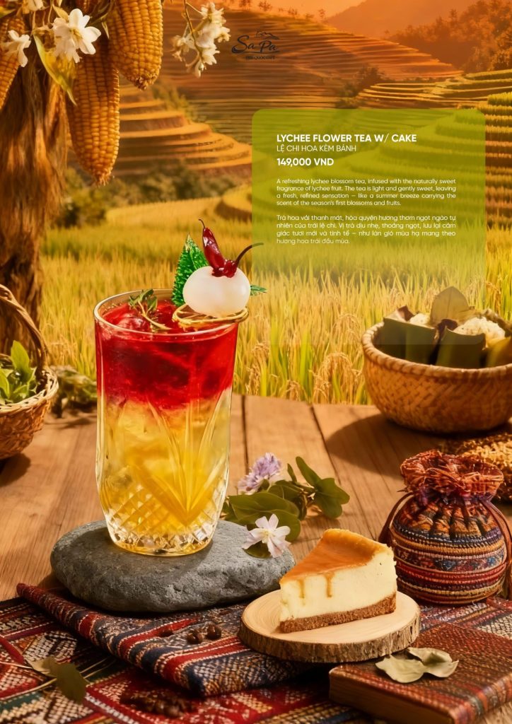 Menu Sa Pa Cafe Phú Quốc 2026: lệ chi hoa kèm bánh