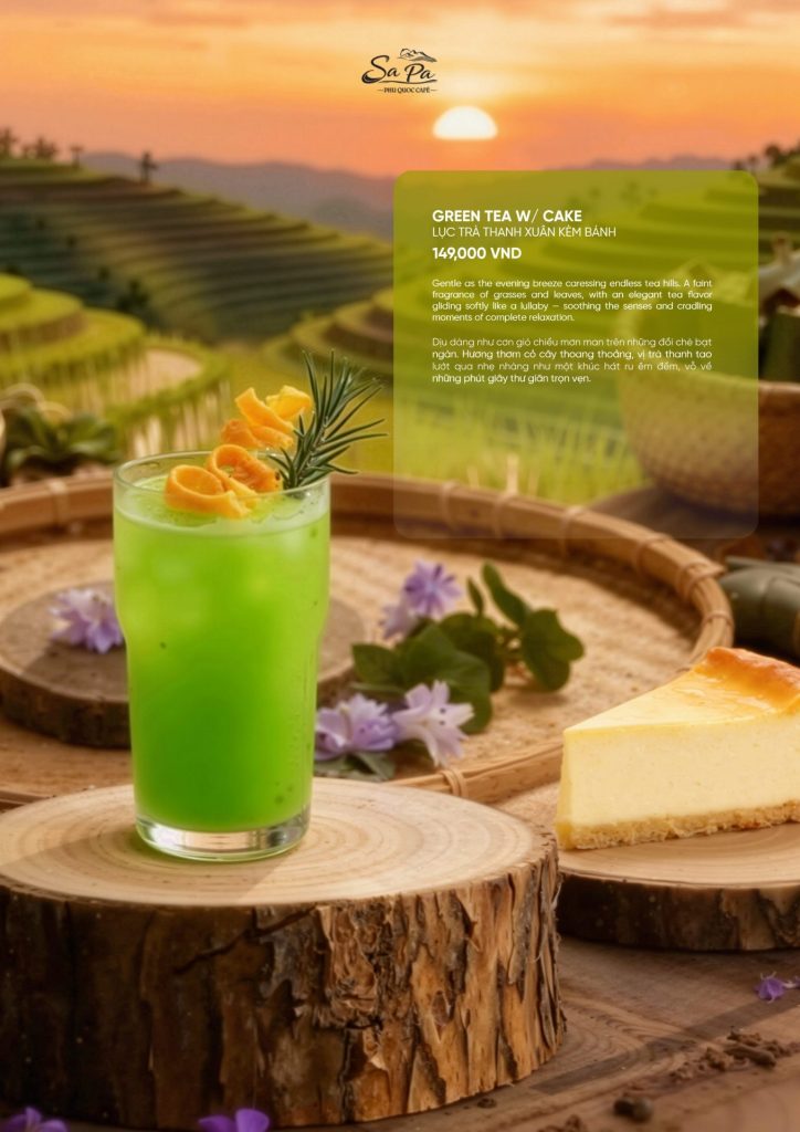 Menu Sa Pa Cafe Phú Quốc 2026: lục trà thanh xuân kèm bánh