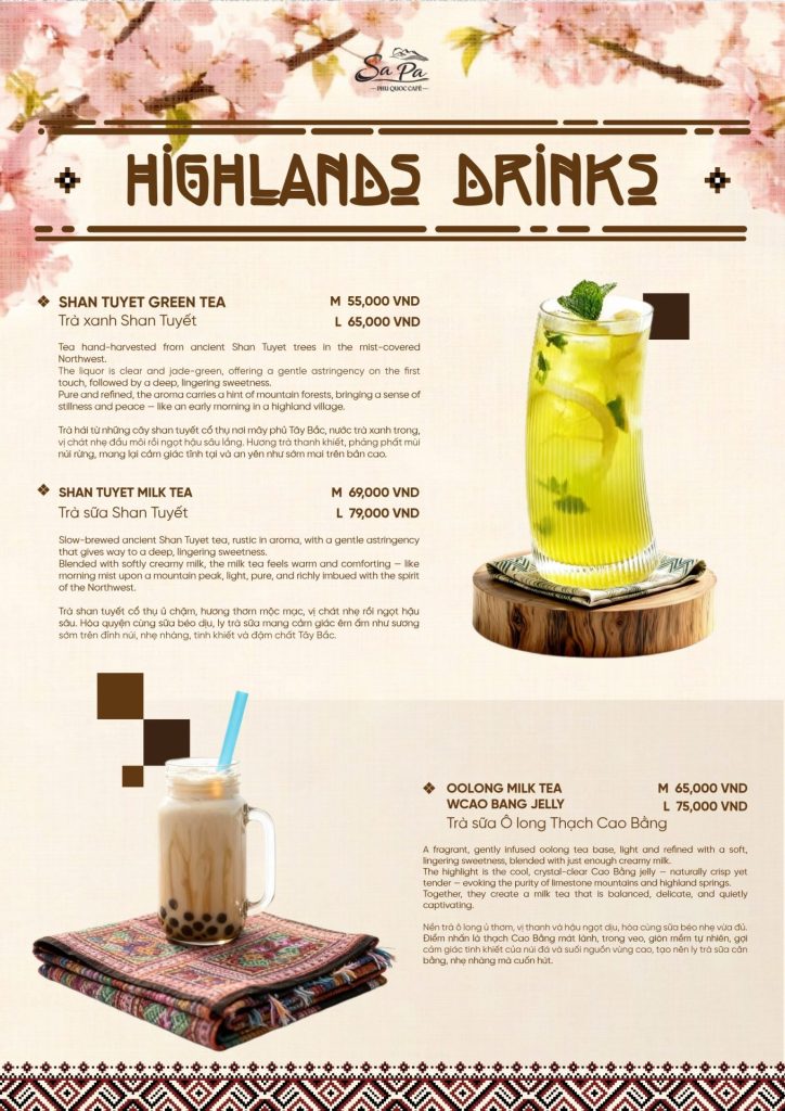 Menu Sa Pa Cafe Phú Quốc 2026: thức uống vùng cao: trà xanh và trà sữa Shan Tuyết, trà sữa Ô long thạch Cao Bằng