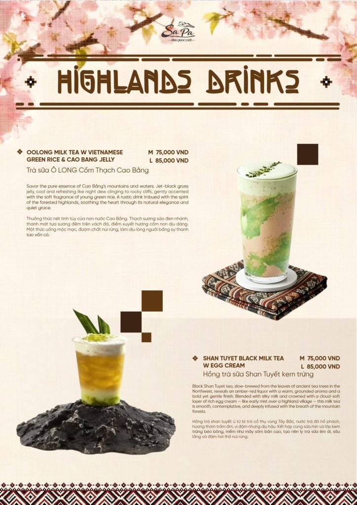 Menu Sa Pa Cafe Phú Quốc 2026: trà sữa Ô long cốm thạch Cao Bằng, hồng trà sữa Shan Tuyết kem trứng