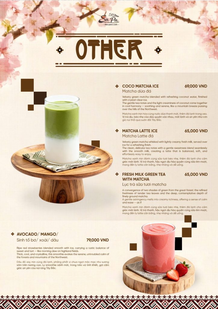 Menu Sa Pa Cafe Phú Quốc 2026: matcha dừa, matcha latte, lục trà sữa tươi matcha, sinh tố