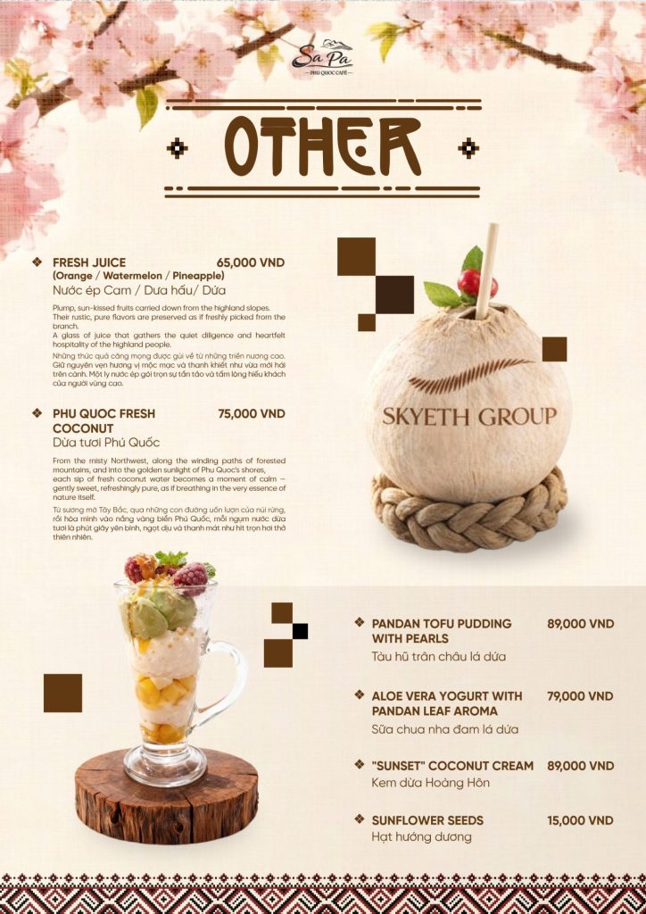 Menu Sa Pa Cafe Phú Quốc 2026: nước ép, dừa tươi Phú Quốc, tàu hũ, sữa chua nha đam, kem dừa Hoàng Hôn