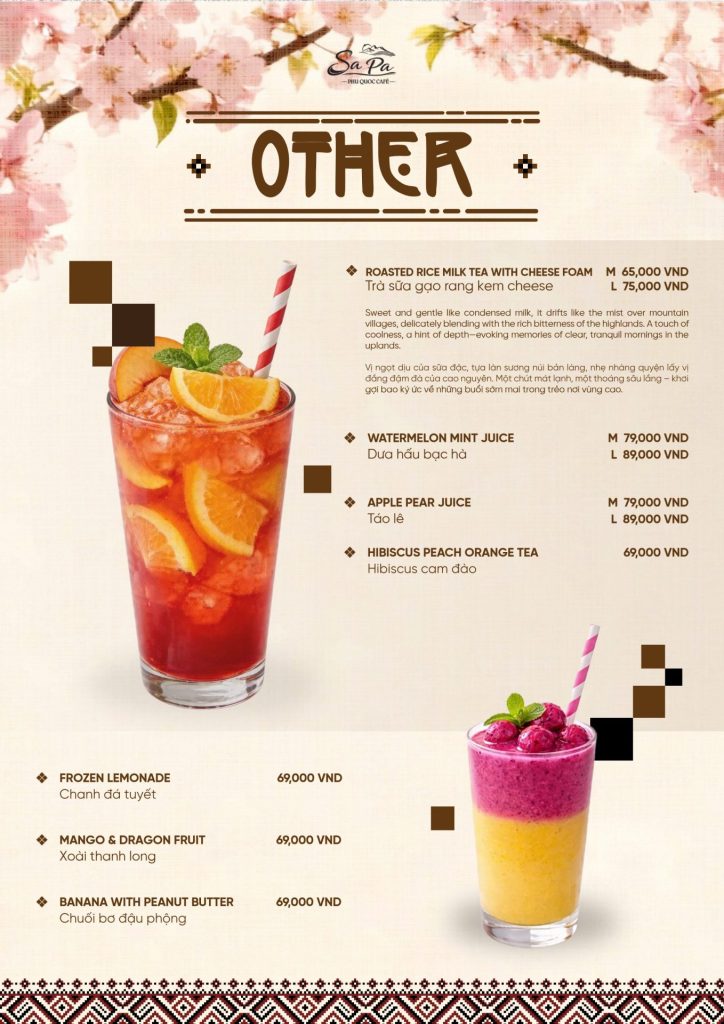 Menu Sa Pa Cafe Phú Quốc 2026: trà sữa gạo rang kem cheese, dưa hấu bạc hà, táo lê, hibiscus cam đào, sinh tố