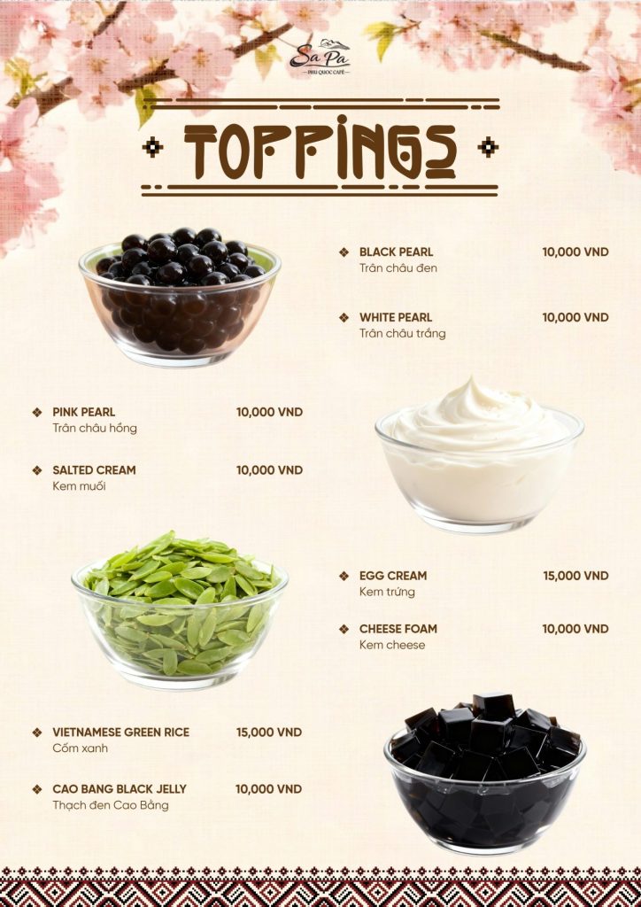 Menu Sa Pa Cafe Phú Quốc 2026: topping trân châu, kem muối, kem trứng, kem cheese, cốm, thạch Cao Bằng