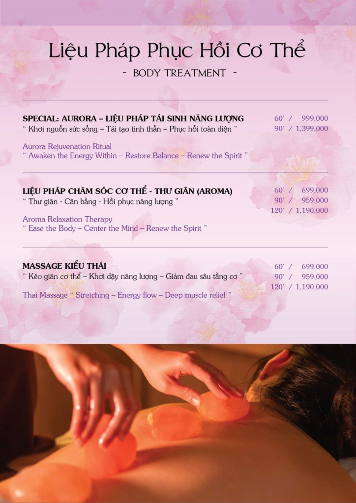 Menu Sakurakyo Spa Phú Quốc 2026, trang 4: liệu pháp cơ thể: Aurora, Aroma, massage Thái