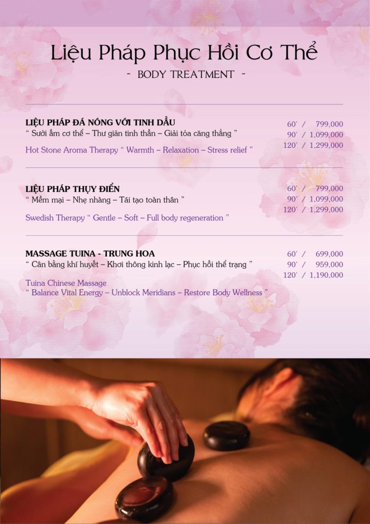 Menu Sakurakyo Spa Phú Quốc 2026, trang 5: liệu pháp cơ thể: đá nóng, Thụy Điển, Tuina