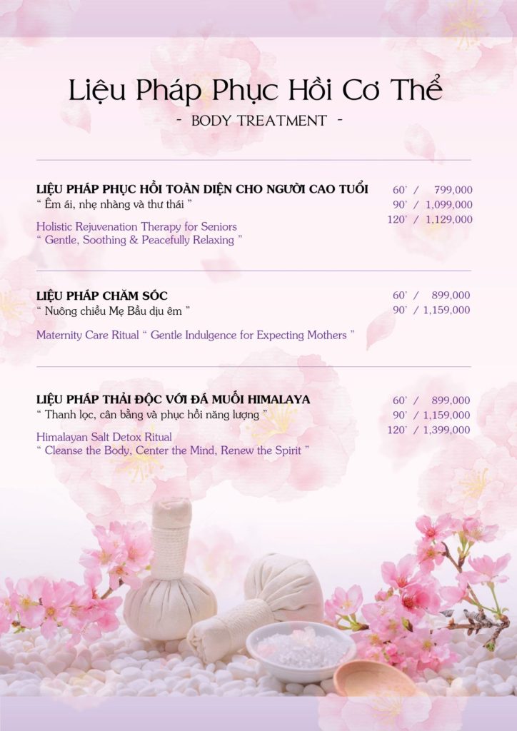 Menu Sakurakyo Spa Phú Quốc 2026, trang 6: liệu pháp cơ thể: người cao tuổi, mẹ bầu, đá muối Himalaya