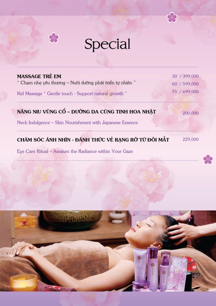 Menu Sakurakyo Spa Phú Quốc 2026, trang 8: special: massage trẻ em, chăm sóc cổ và mắt