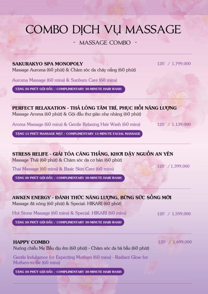 Menu Sakurakyo Spa Phú Quốc 2026, trang 10: combo dịch vụ massage