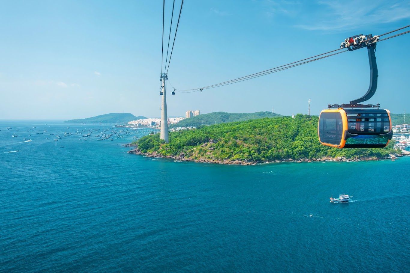Hon Thom cable car cabin above the sea of An Thoi, Phu Quoc